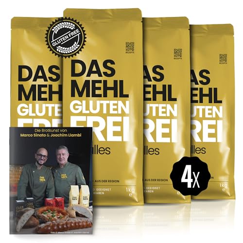 DAS MEHL Glutenfrei – 4×1 kg pizzamehl glutenfrei für Pizza, Pasta & Brot | gelingsicher wie Weizenmehl | ohne Gluten, Enzyme & Zusätze | inkl. DELICRET Rezept-Guide