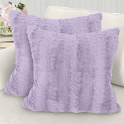 The Connecticut Home Company Throw Pillow Covers, 18X18 Set Of 2, Soft Faux Fur Decorative Pillowcase Sets, Luxury Home Décor Accent Square Pillows For Livingroom Sofa, Couch, Bedroom, Beds, Purple #TOP28