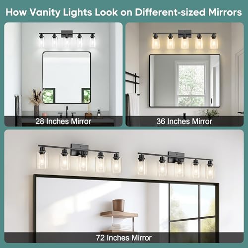 Image of Ascher Bathroom Light Fixtures, 5-Light Vanity Light Over Mirror, Matte Black Wall Sconces with Clear Glass Shades, Wall Lamp for Living Room Bedroom, E26 Base(Bulbs Not Included)