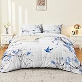 Copripiumino Reversibile stampato 155 x 220 cm Microfibra biancheria da letto, Orientale Pittura A Inchiostro Rami Uccelli a cerniera per bambino adulto con chiusura Blu Bianco Copripiumini