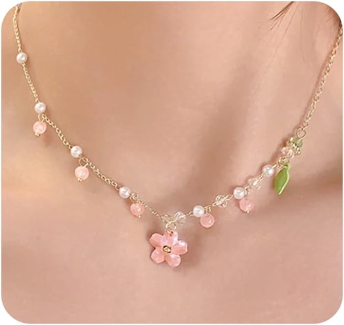 Cherry Blossom Necklace,Small Peach Flower Pendant Pearl Necklaces,Dainty Floral Tassel Necklace for Women