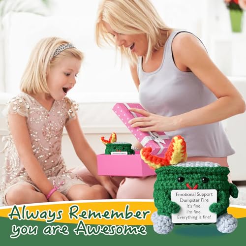 Image of RovyFota Emotional Support Crochet Dumpster Fire with Positive Card Cute Room Decor Knitted Toys Funny Crochet Support Buddies Gifts for Friends (Green&Pink&Red)