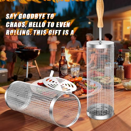 Rolling BBQ Basket for Outdoor Grill: Barbecue Smoker Grilling Baskets for Vegetable, Unique Birthday Christmas Gifts for Men Dad Husband 2pcs