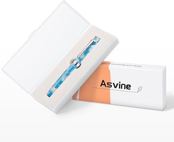 Asvine P50 Piston Fountain Pen Sky Blue Resin, Medium Nib Silver Trim Smooth Writer Collection with Pen Case Gift Set