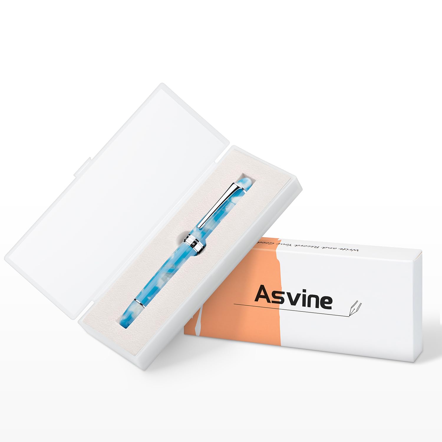Asvine Writer P50 Stylo-plume à piston en résine Bleu ciel Pointe moyenne Bordure argentée Coffret cadeau inclus
