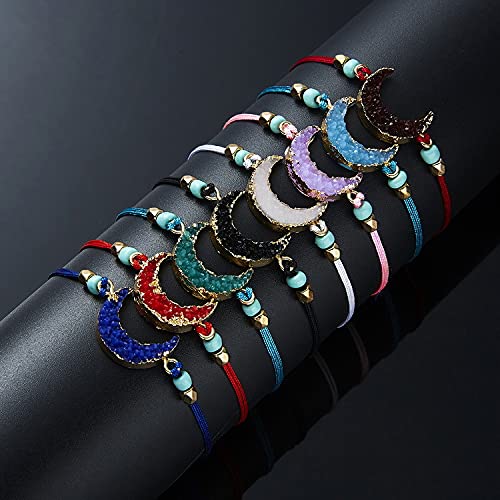 Image of COLORFUL BLING 4pcs Resin Moon Crescent Round Natural Stone Bracelets Set Friendship Hand Woven Braided Stretch String Adjustable for Couples Lovers Personalized Wish Card Jewelry-A