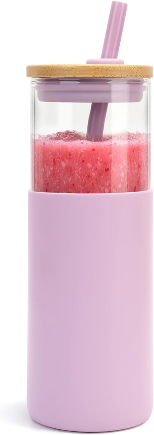 Tronco® 24 oz Glass Tumbler with Lids and Straw, Reusable Iced Coffee Cup & Smoothie Cup with Bamboo Lid, Silicone Sleeve, Dishwasher Safe, BPA-Free Borosilicate Glass, 1 Pack