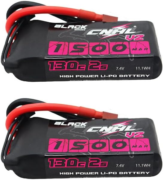 CNHL 1500mAh 2s lipo Battery 7.4V 130C with T Plug for RC Boat Heli Airplane UAV Drone FPV RC Car (2 Packs)