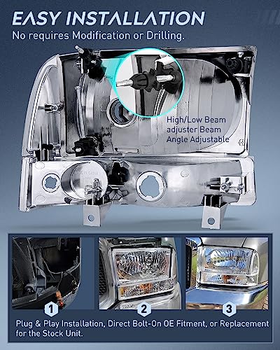 Image of Nilight Headlight Assembly 1999 2000 2001 2002 2003 2004 F250 F350 F450 F550 Super Duty,Headlights Assembly Replacement,Chrome Housing Clear Corner Clear Lens,4 Pack