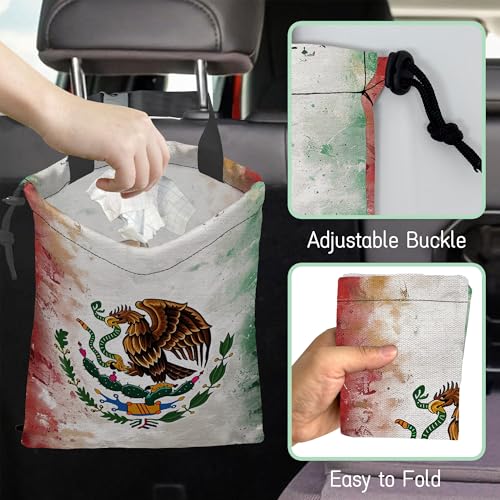Image of Vintage Mexico Flag Car Trash Bag,Hanging Drawstring Car Garbage Bag,Waterproof Canvas Car Back Seat Organizer with Adjustable Buckle,for Vehicles,SUVs,Camping,Road Trips