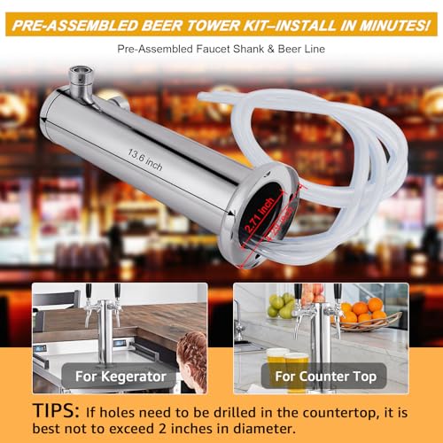 FERRODAY Upgraded Long Shank Adjustable Faucet Kegerator Tower Dual Faucet Beer Tower Double Tap Beer Tower Dispenser Beer Tap Kegerator Parts Pre-assembled Lines 3\" Keg Tower Beer Keg Tap - Thumbnail 5