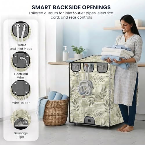 Image of Star Weaves Front Load Fully Automatic Washing Machine Cover for 6 kg, 6.5 kg, 7kg & 7.5 kg (Beige & Black) | Waterproof & Dustproof Polyester Fabric with Zipper | Protection Cover | 59 x 59 x 86 cms