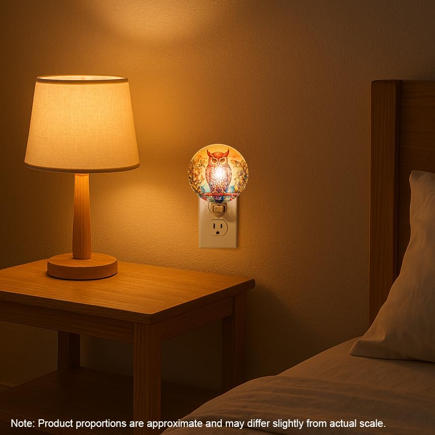 Image of Owl Night Light Vintage Retro Cottage Core Bird Figurine Plug in Wall On /Off Switch Tiffany Stained Glass Style