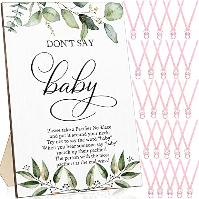 51 Pcs Cool Baby Shower Game Include Wooden Don't Say Baby Sign and 50 Acrylic Baby Pacifier Necklace Greenery Baby Gift Set for Baby Gender Reveal Party Favor