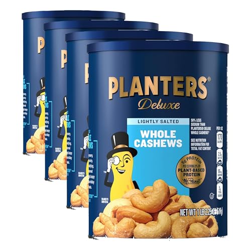Image of PLANTERS Deluxe Lightly Salted Cashews, Party Snacks, Plant-Based Protein, Quick Snack for Adults, After School Snack, Flavored with Sea Salt, Kosher, 1lb 2.25oz (Pack of 4)