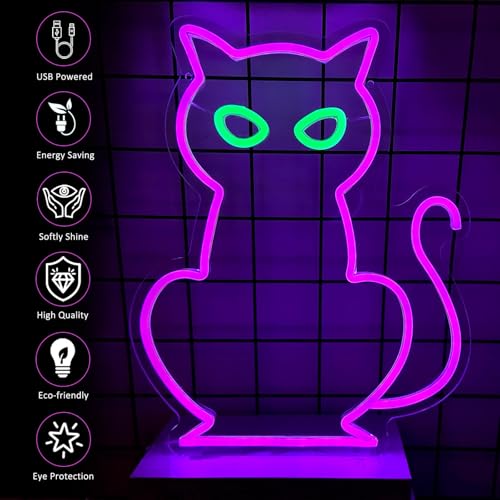 Image of Cat Neon Signs for Wall Decor, Purple Cat LED Neon Sign USB Powered, Halloween Cat LED Light Table Decoration for Bar, Christmas, Wedding, Birthday Party