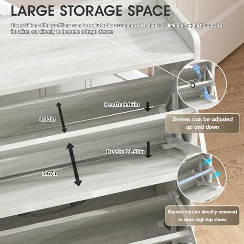 Image of Maupvit Shoe Storage Cabinet with 3 Flip Drawers, Freestanding Organizer with Metal Legs for Entryway, Narrow Shoe Rack Cabinet, Beige