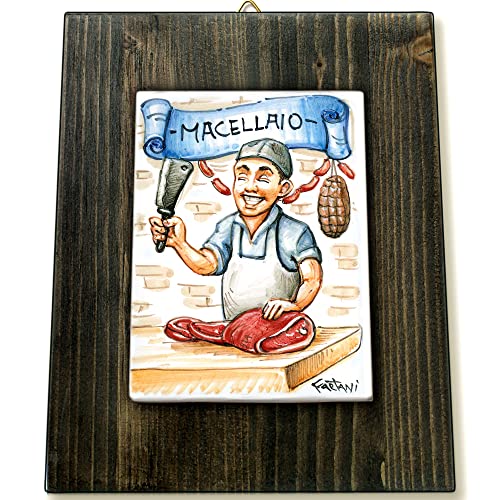 Macellaio - Idea regalo originale uomo - Quadretto con mattonella in ceramica realizzata a mano, dimensioni cm13x16. Made in Italy. Gadget mestiere e lavoro