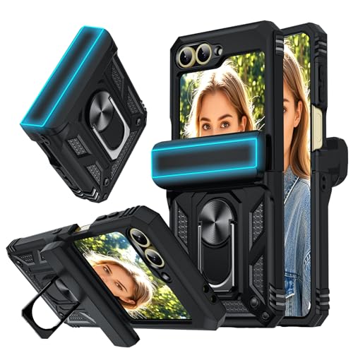 LeYi for Z-Flip 6 Case with Hinge Cover and Metal Stand, Military Grade Heavy Duty Shockproof Cell Phone Case Cover Funda para with Magnetic Ring Kickstand for Samsung Galaxy Z Flip 6, Black