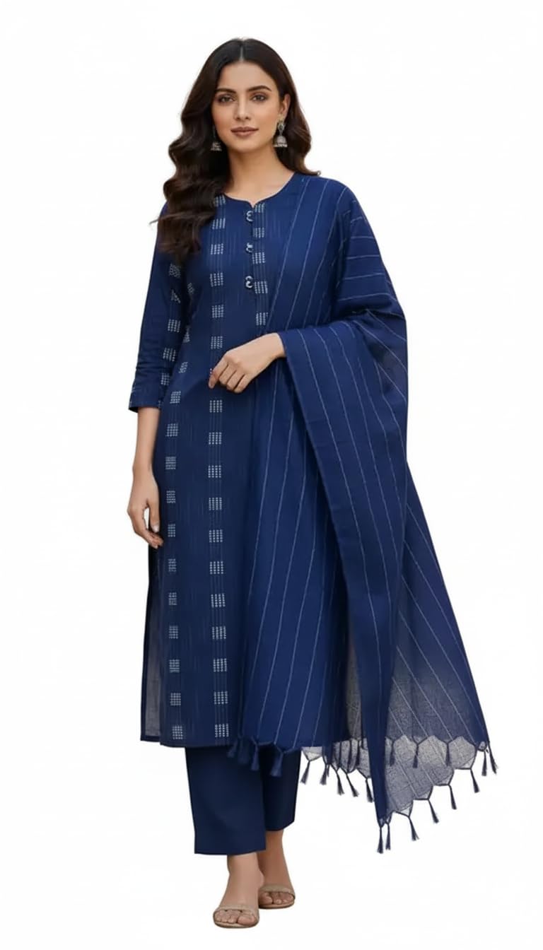 IL FILO Women’s Navy Blue Cotton Straight Kurta Set with Pant & Dupatta | Comfortable Daily & Office Wear