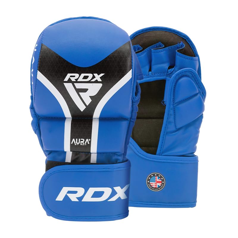 RDX Grappling Gloves MMA Shooter T17 – Maya Hide Leather Kalix Skin, IMF Foam, EVA-Lution Padding, Padded Thumb, Quick-EZ Strap, Breathable Lining – Sparring & Training Gloves (Blue, XL)