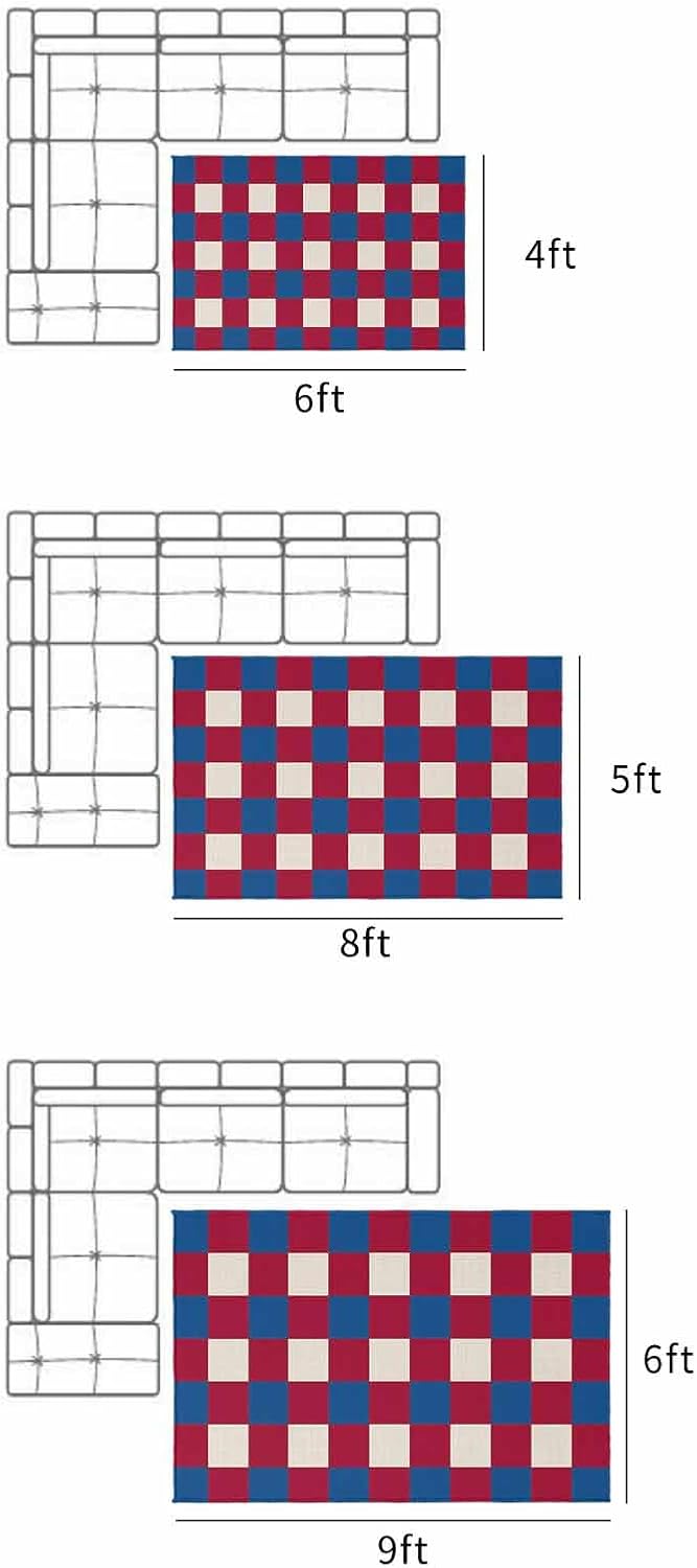 July 4th Outdoor Rug 4x6ft Retro Red Blue White Plaid Large Patio Mats Independence Day Flag Theme Area Rugs Non Shedding Carpet for Patio Backyard Porch Deck Camping Indoor Living Room