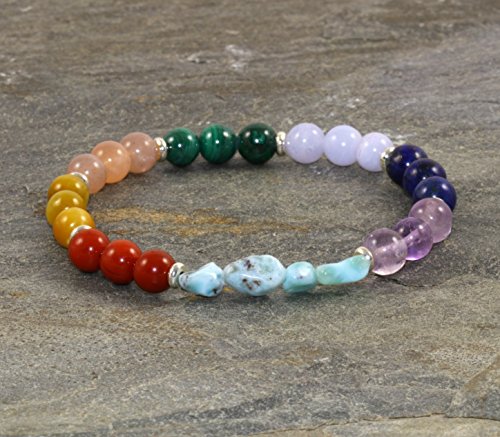 7 Chakra Bracelet with Larimar, Healing Wrist Mala Beads, Zen Yoga Bracelet, Unisex Spiritual Gift, Yogi Gift,Grounding + Strength + Courage