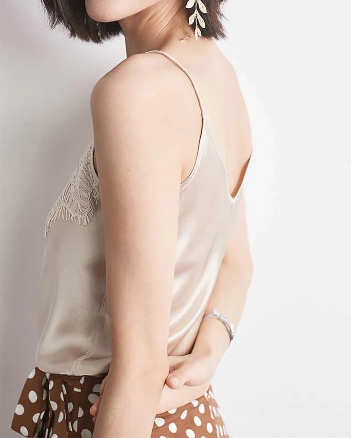 Women's Lace Trim Silk Camisole Top - 19 Momme Charmeuse V-Neck Cami with Lace Overlay, Lightweight Elegant Blouse4