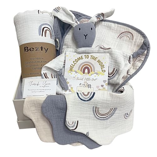 Image of Baby Gift Set for Newborn for Boys-9 PCS Unique Baby Essential Stuff-New Baby Gift Basket, Baby Welcome Box Boys; Swaddle Blanket, 2 Burp Cloth, 3 Bibs, Lovey Bunny, Gift Card, Gift Box