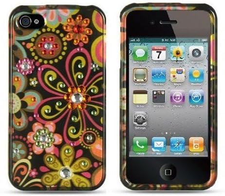 Spot Diamond Rhinestone Green Daisy Flower on Black Design Snap-On Protector Hard Cover Case Compatible for Apple Iphone 4 / 4S (AT&T, VERIZON, SPRINT)