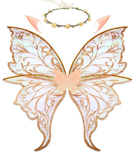 iRolefun Fairy-Wings-Costume for Adult Women 31x29.5 Fairy Costume Set Butterfly Wings Halloween Cosplay Party (Champagne)