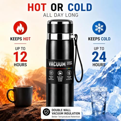Image of Stainless Steel Vacuum Insulated Water Bottle | Double Wall Flask for Hot & Cold Beverages | Leakproof Travel Bottle for Office, Gym, School & Outdoor | Silver | (Black, 800 Ml)
