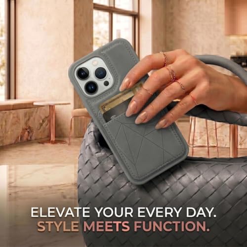 Image of amazon basics Premium Vegan Leather Back Cover with Card Holder and Integrated Mobile Stand for iPhone 14 Pro Max - Slim Shockproof Wallet Case with Geometric Stitching [Gray]