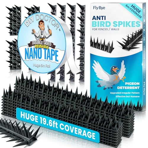 Fly-Bye Anti Bird Spikes + Nano Tape Bundle – Huge 6m Coverage with 2500 Spikes – Pigeon Deterrent for Wall & Fence – Anti Pigeon Spikes for Cats & Birds – Durable Nano Tape for Fixing option