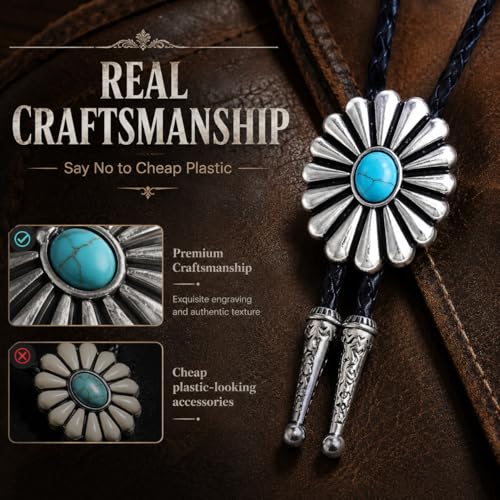 Image of Turquoise Bolo Tie for Men, Leather Braided Necktie Western Cowboy Bola Tie Costume Accessories for Men Women