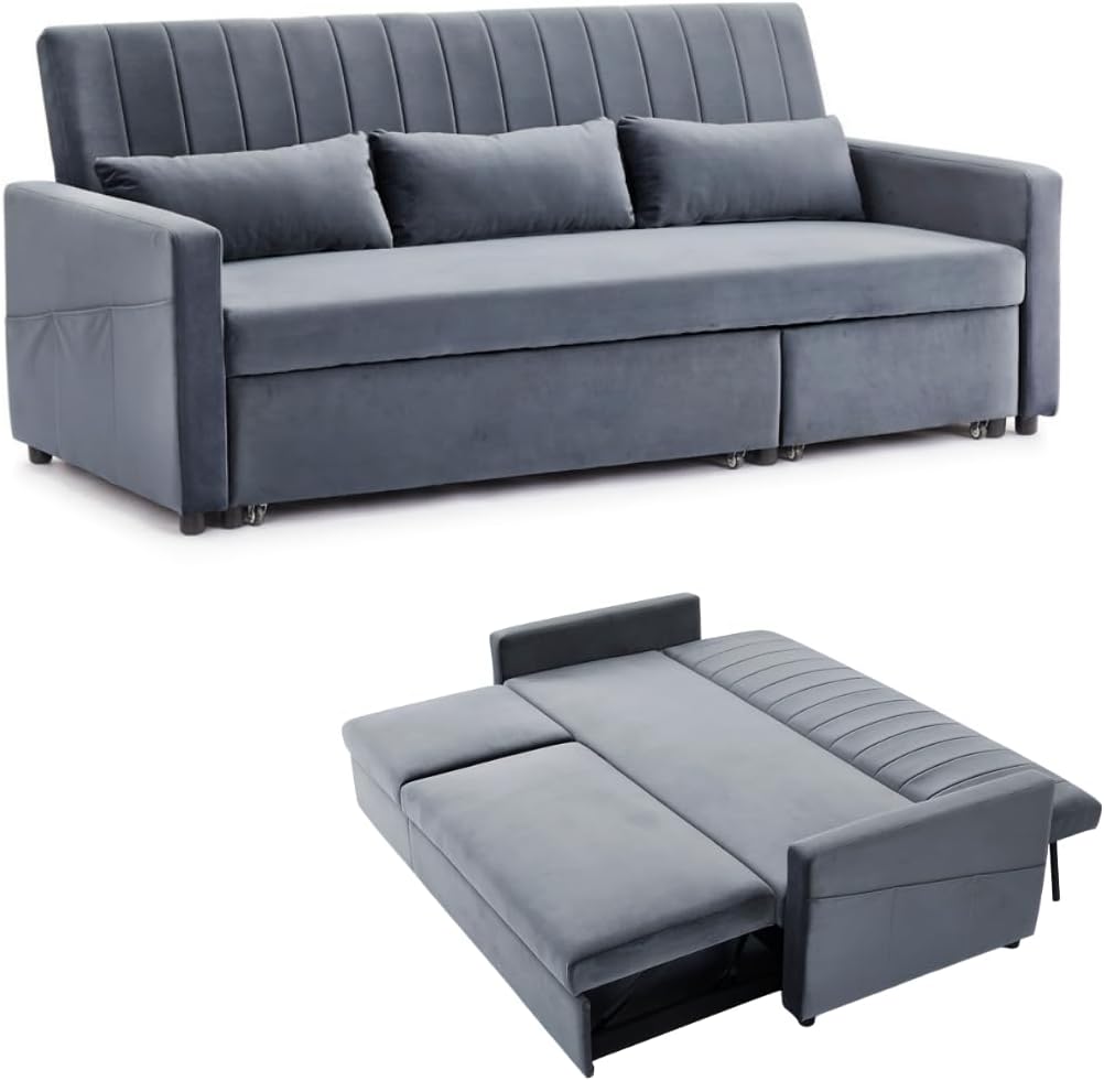 Home Detail 3 Seater Sofa Bed Pull-Out Grey Blue Velvet Grey Linen Storage Chaise (Grey Velvet)