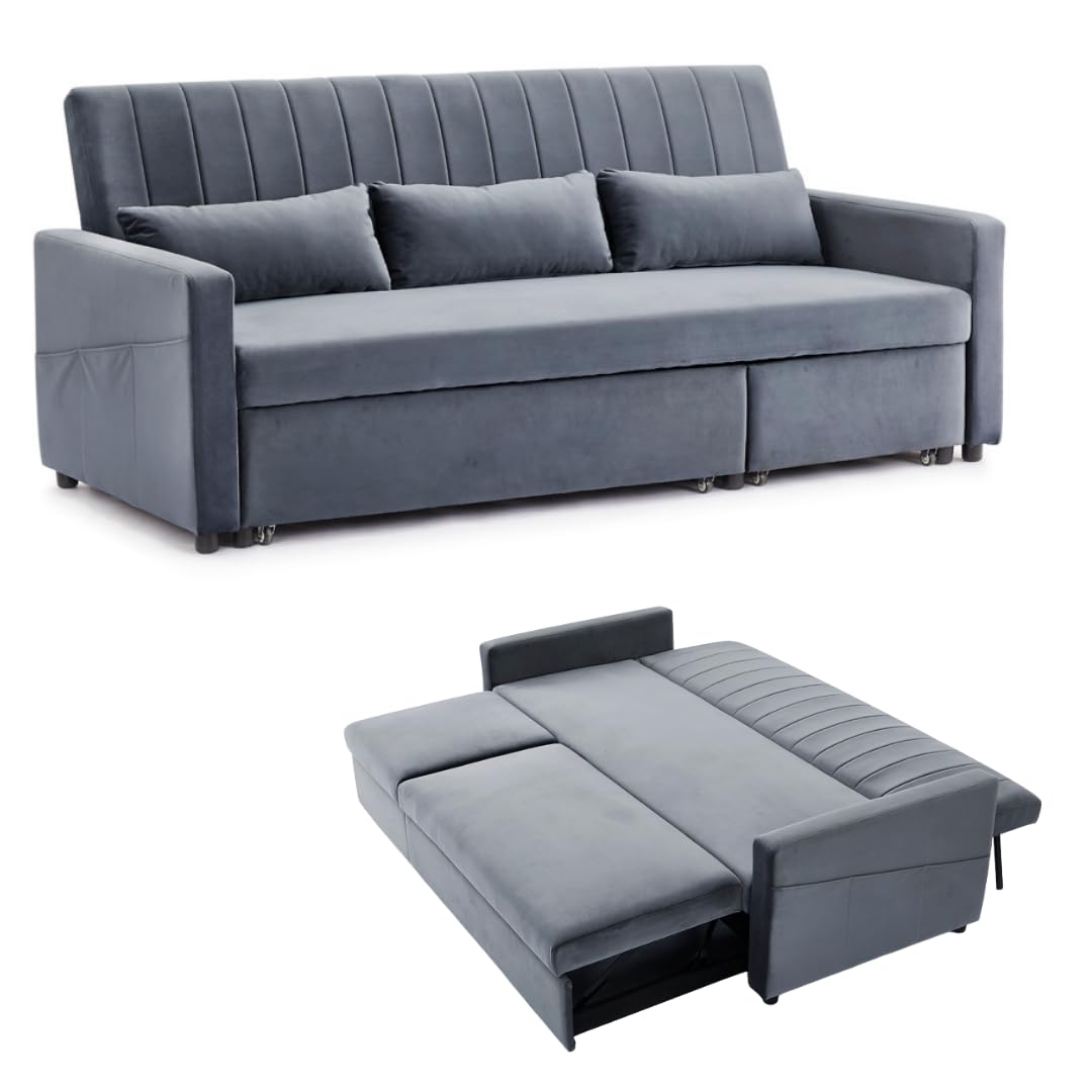 Home Detail3 Seater Sofa Bed Pull-Out Grey Blue Velvet Grey Linen Storage Chaise (Grey Velvet)
