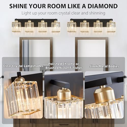Image of Bathroom Vanity Light Fixtures Over Mirror 4 Crystal Lights - Makeup Lighting Black Gold - for Modern Wall, Bath, Desk, Farmhouse, Hallway