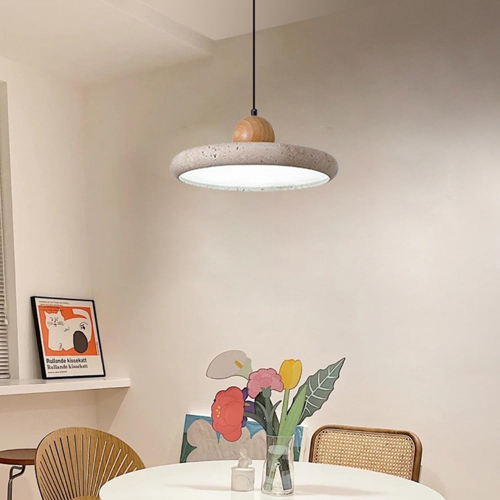 Wabi Sabi Lampa wisząca z kamienia naturalnego Okrągła dioda LED Żółta jaskinia Lampa wisząca z kamienia Nordic Żyrandol z drewna Wyspa kuchenna, 28 W Japoński styl Żółty trawertyn Lampy wiszą