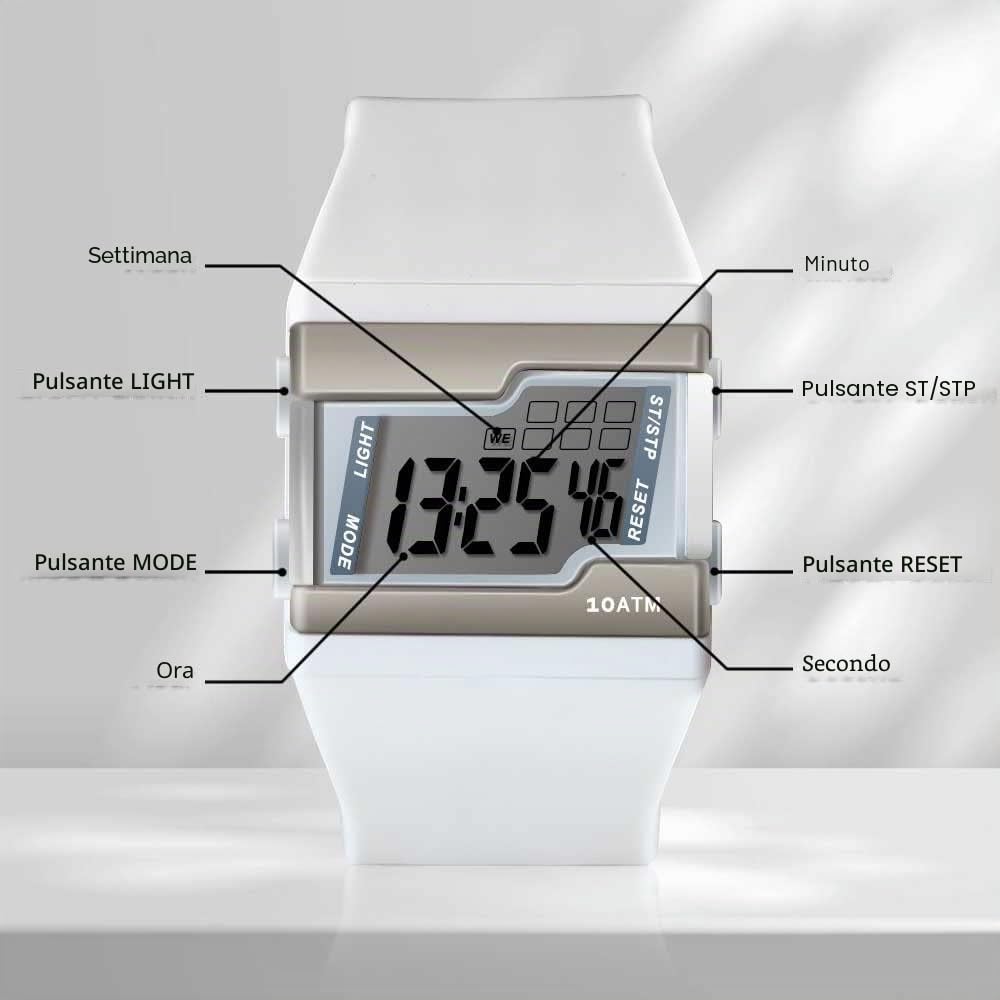 Orologio da Polso Digitale per Nuoto Subacqueo 10 ATM Impermeabile con Molteplici Funzioni di Cronometro Giro, Sveglia, Calendario e Retroilluminazione