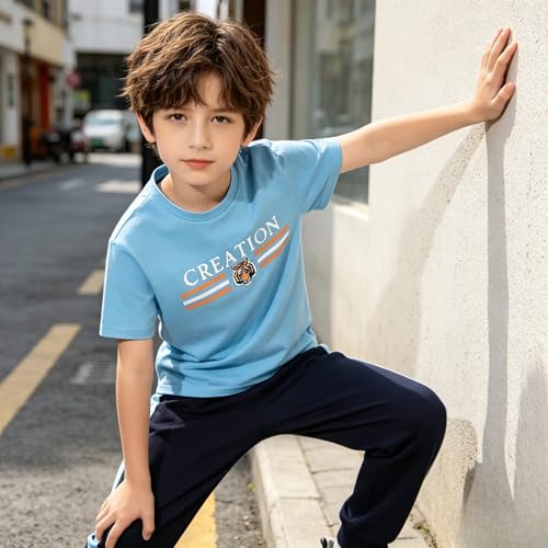 Image of Yoxindax Tween Boy Clothes 2-Piece Letter Print Tee And Color-Block Pants Summer Outfits