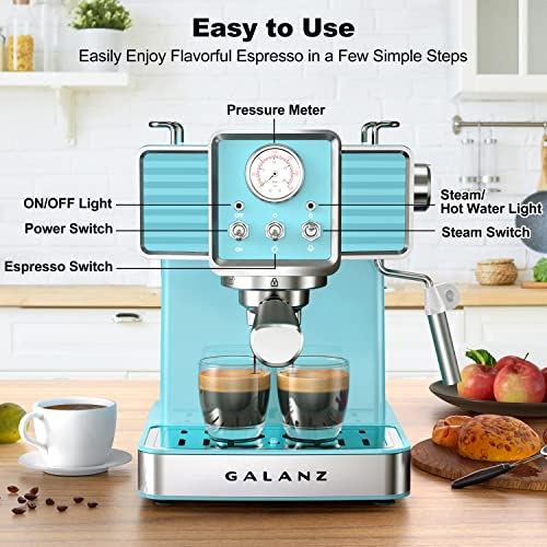 Galanz Retro Espresso Machine With Milk Frother, 15 Bar Pump Professional Cappuccino And Latte Machine, 1.5L Removable Water Tank, Retro Blue, 1350 W #TOP3