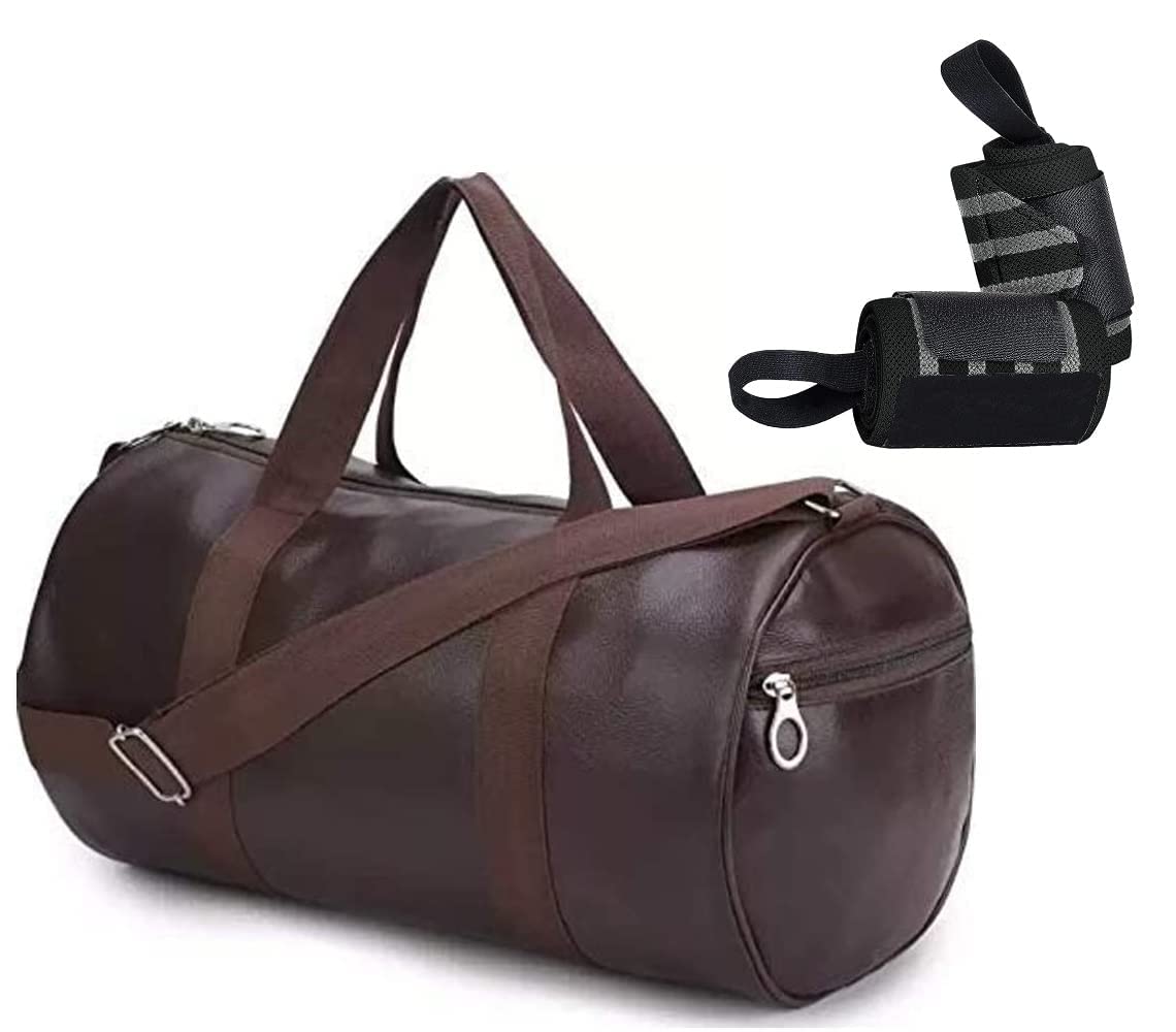 Combo Pack of Pu-Leather Gym Bag Gym Duffel Bag with Shoulder Strap for Men's & Women's with Grey Wrist Support Band for Daily Exercise., 23 Cm (Black)-picture-17