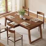 Tribesigns 55'' Dining Table with Storage Drawer, Rectangular Dinner Kitchen Table with Solid Wood Legs for 4-6 People, Mid-Century Modern Desk for Dining Room, Walnut Brown