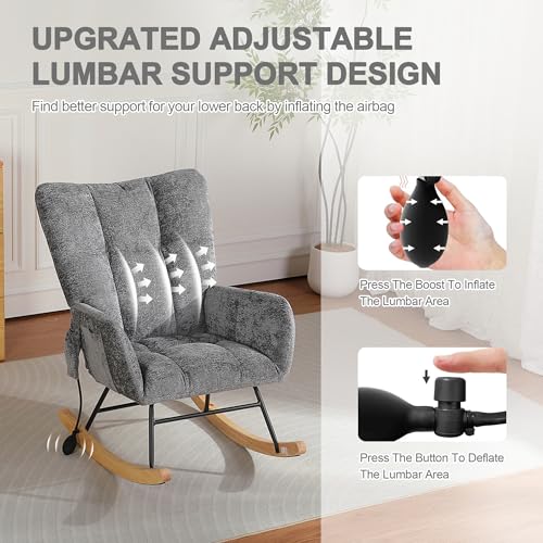 Image of Rocking Chair Nursery with Airbag, Comfy Modern Nursery Rocking Reading Chair Indoor, Cozy Upholstered Glider Rocker Chairs for Living Room Bedroom Offices, (Chenille, Dark Grey)