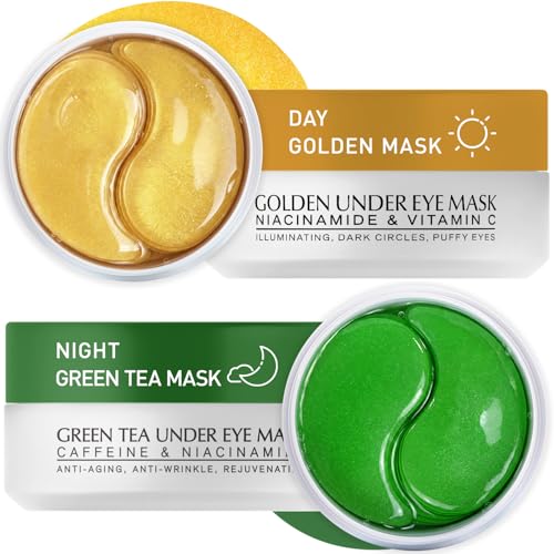 Under Eye Patches Kit: 120 Pcs 24K Gold &amp; Green Tea Gel Eye Mask for Dark Circles, Puffiness and Wrinkles - Anti-Aging Pads with Niacinamide, Collagen, Hyaluronic Acid &amp; Vitamin C (2 Pack)