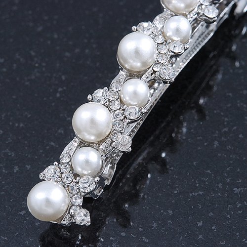 Miniatura 7 de Pinza para el pelo de cristal de perla sintética de tono plateado para novia, 3.346 in de ancho
