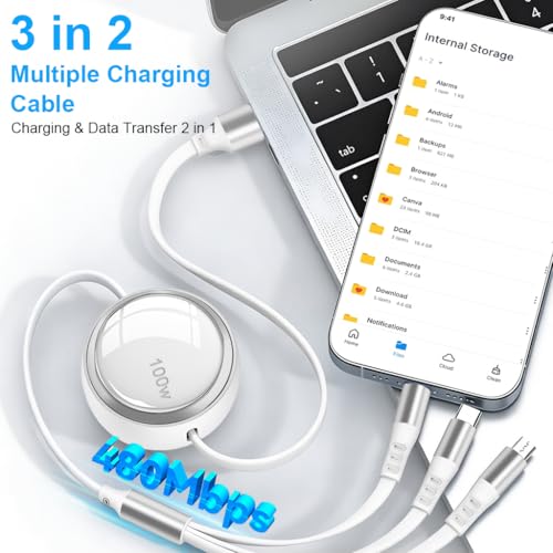 Image of Verilux Car Charger Cable 3 in 1 Fast Charger, PD 100W Retractable Car Cable with USB A /C to USB C /Lighting /Micro, 480Mbps Data Transfer for iPhone 17 /16 /15 /14, Galaxy S24 /S23, Android, Laptop, White