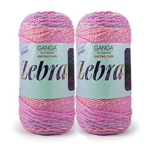 Image of Ganga Acrowools Acrylic Zebra Hand Knitting Fancy Yarn, A Pack of 2 Balls- 150Gram Each(Ptt-1418), Multicolor