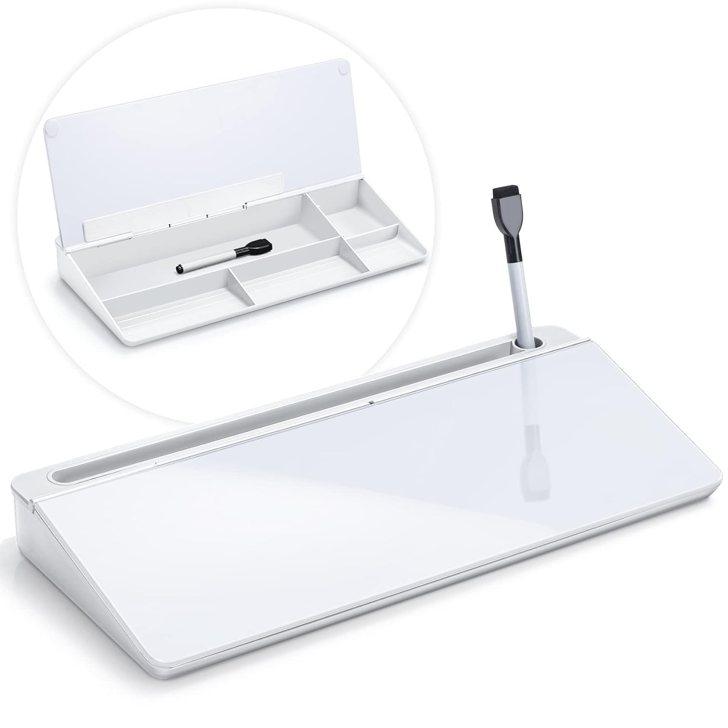 Amazon Brand – Umi Glass Dry-Erase Board with Bottom Storage and Ergonomic Design — Great for Office, Home, or Student use. Compact Desk Organizer Board